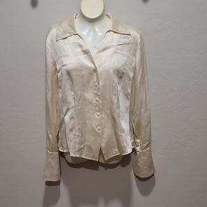 IEdesigned Tan Cream Fitted Notched Collar Blouse 100% Silk